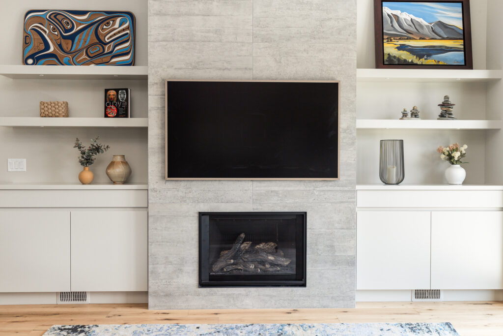 Built-in fireplace and living room at Merlot Peak Custom Home