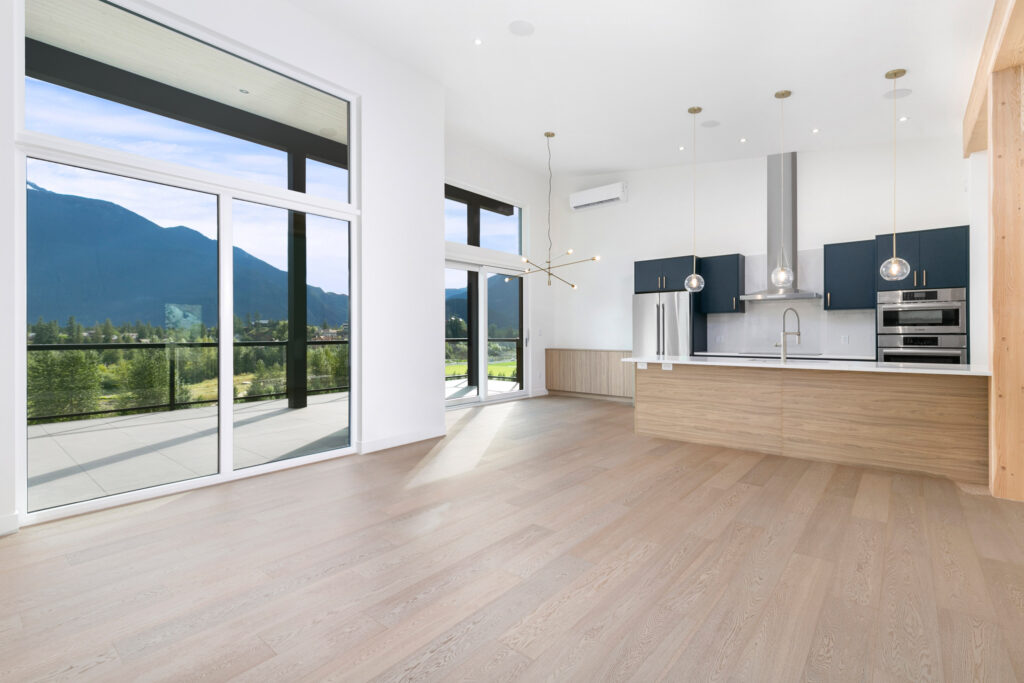 Kitchen with appliances Kitchen with integrated Bosch appliances and matte blue feature cabinets