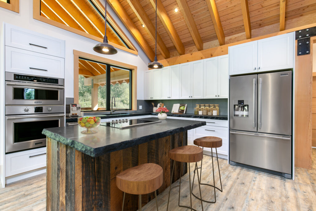 Main kitchen with Caesarstone countertops and Night Blue cabinetry