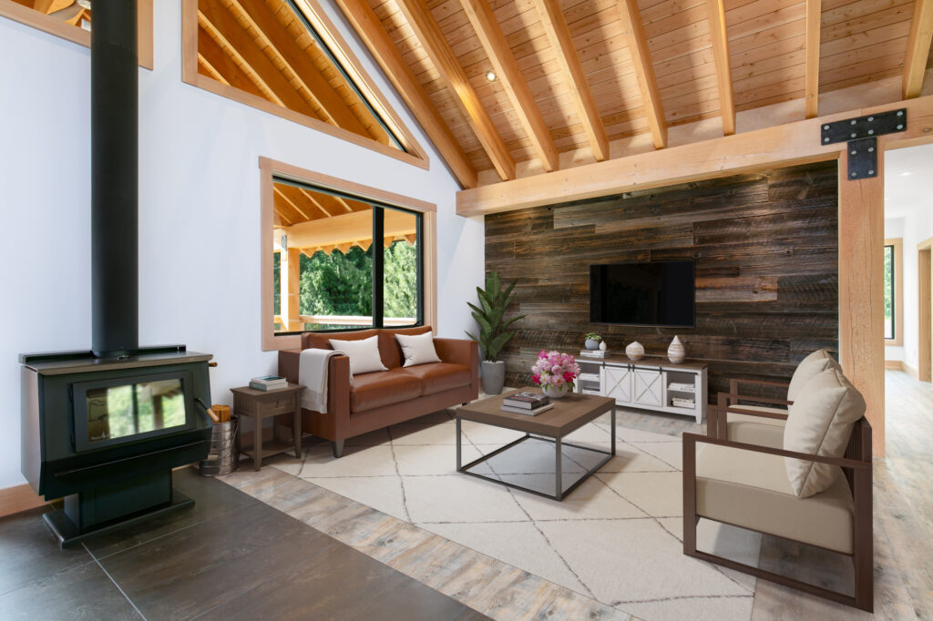 Living room with exposed wood beams and natural light