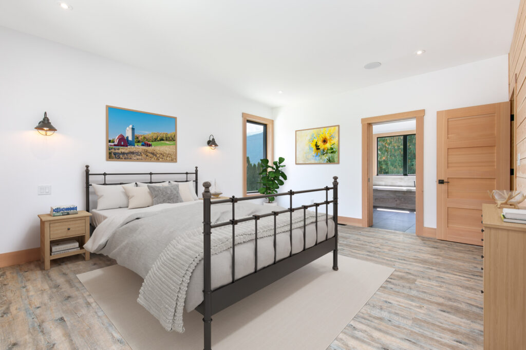 Master bedroom with ensuite access and modern wood finishes
