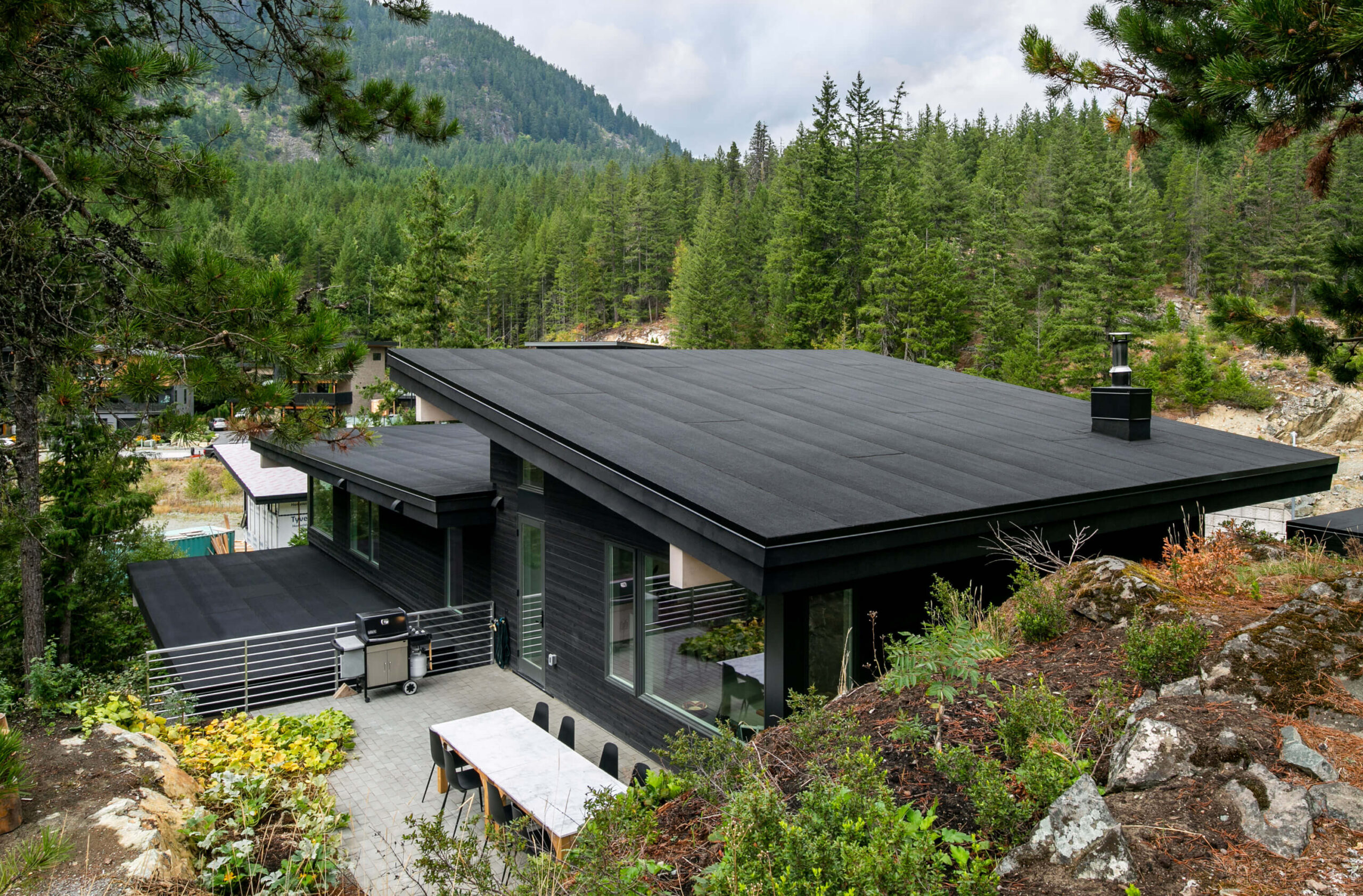 Backyard view of the modern house nestled in nature