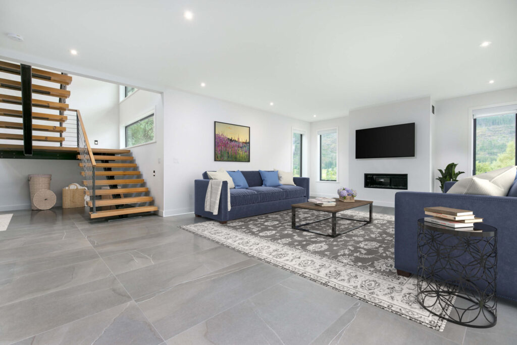 Open living space with modern staircase